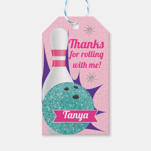 Retro Meisjes Glitter Bowling Tenpin Party Cadeaulabel (Voorkant)