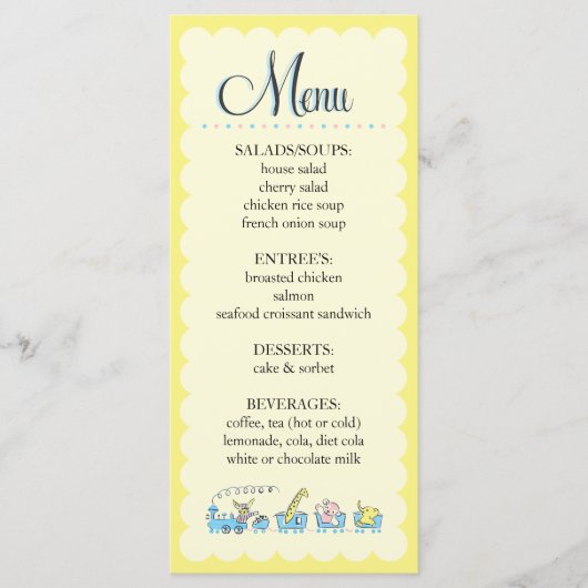 Rétro menu animal de baby shower du train | (Devant)
