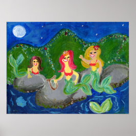 Retro Mermaid Grotto Folk Art Poster