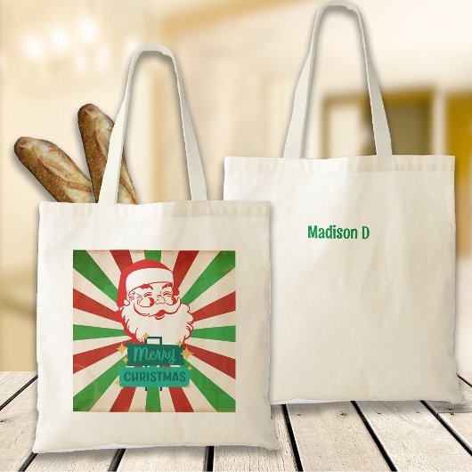 Retro Merry Christmas Santa Aangepaste naam Tote Bag