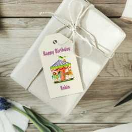 Retro Merry-Go-Round Kind Naam Happy Birthday Cadeaulabel
