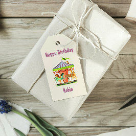 Retro Merry-Go-Round Kind Naam Happy Birthday Cadeaulabel