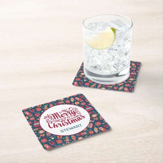 Retro Merry kerst op maat Vierkante Kartonnen Onderzetter (Insitu)