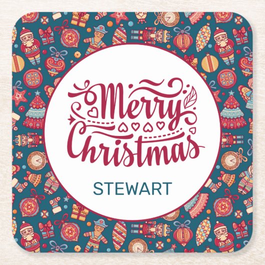 Retro Merry kerst op maat Vierkante Kartonnen Onderzetter (Voorkant)