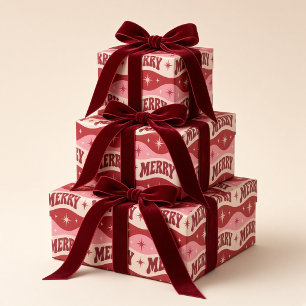Retro Merry Roze Rode Golvende Kerstmis Cadeaupapier