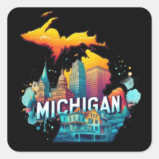 Retro  Michigan State Kaart Vierkante Sticker (Voorkant)