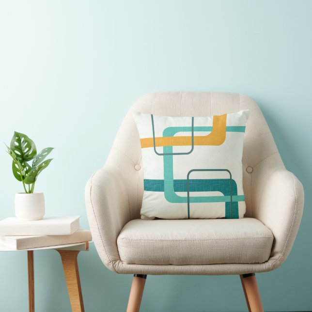 Retro Mid Century Atomic Age 23 Blauwgroen, Sinaas Kussen (Stoel)