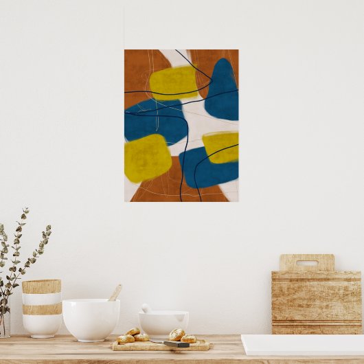 Retro Mid Century Brown en Blue Modern Abstract Poster (Keuken)