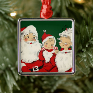 Retro Mid-Century Kerstman Familie – Kitsch Claus Metalen Ornament