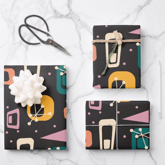 Retro Mid Century Mod Atomic Space Age Black Inpakpapier Vel (Voorkant)