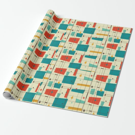 Retro Mid Century Mod Atomic Space Age Blauwgroen  Cadeaupapier (Uitgerold)