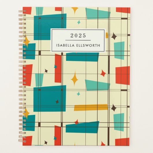 Retro Mid Century Mod Atomic Space Age Blauwgroen  Planner (Voorkant)