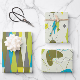 Retro Mid Century Mod Atomic Space Age Blue Inpakpapier Vel