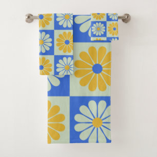 Retro Mid Century Mod Flowers in Blue en Yellow Bad Handdoek