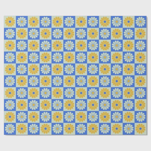 Retro Mid Century Mod Flowers in Blue en Yellow Cadeaupapier (Vlak)
