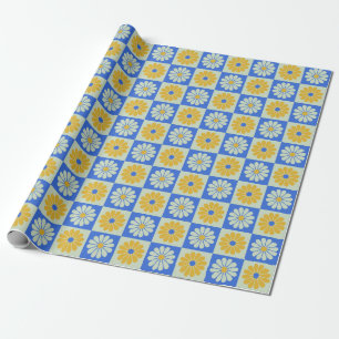 Retro Mid Century Mod Flowers in Blue en Yellow Cadeaupapier