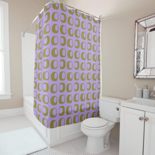 Retro Mid Century Mod Pattern Olive en Lavender Douchegordijn (In situ)