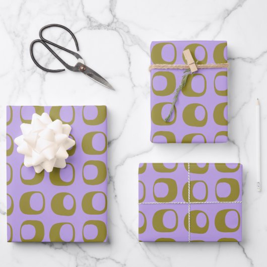 Retro Mid Century Mod Pattern Olive en Lavender Inpakpapier Vel (Voorkant)
