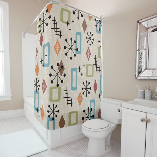 Retro Mid Century Modern Atomic Abstract Pattern Douchegordijn (In situ)
