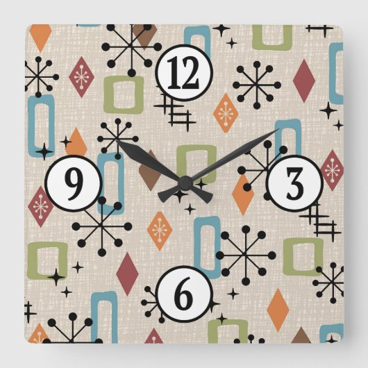 Retro Mid Century Modern Atomic Abstract Pattern Vierkante Klok (Voorkant)