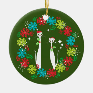 Retro Mid Century Modern Cool Cat Christmas Wreath Keramisch Ornament