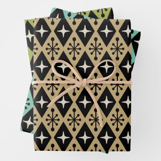 Retro Mid Century Modern Diamant Starburst Patroon Inpakpapier Vel (In situ)