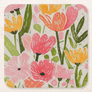 Retro Mid Century Modern Floral Design Vierkante Kartonnen Onderzetter