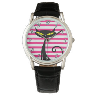 Retro Mid Century Modern MCM Black Cat Pink Stripe Horloge