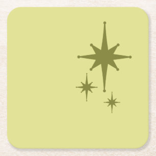 Retro Mid-century Modern Starburst Trio Olijf Vierkante Kartonnen Onderzetter