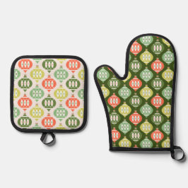 Retro Mid Century Red & Olive Green Kerstmis Ovenwant & Pannenlap Set