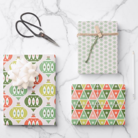 Retro Mid Century Rode, Perzik & Groene Kerstmis Inpakpapier Vel (Voorkant)