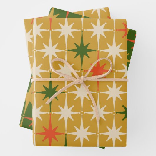 Retro  Mid-Century Star Pattern Green Ochre Inpakpapier Vel (In situ)