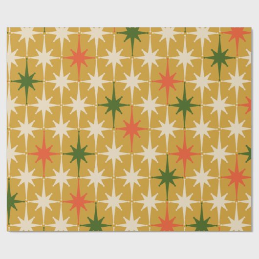 Retro Mid-Century Star Pattern Ochre Green Cadeaupapier (Vlak)