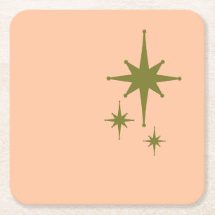 Retro Mid-eeuwse moderne Star Trio Olive en Blush Vierkante Kartonnen Onderzetter