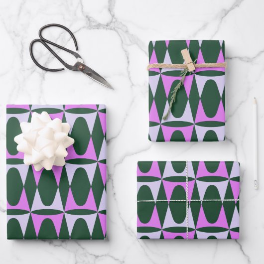 Retro Mid Mod Geometric Holiday Pattern Groene Roz Inpakpapier Vel (Voorkant)