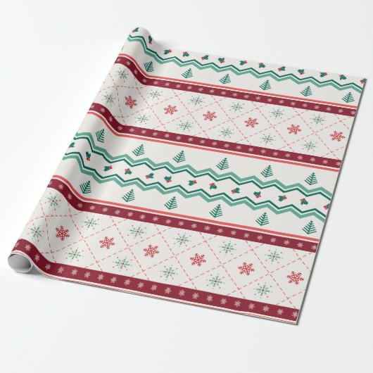 Retro Mid Mod Kerstmis Olive Red Cream Cadeaupapier (Uitgerold)