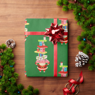 Retro Middeleeuwse kerstkerstman met cadeaus Cadeaupapier