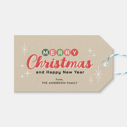 Retro Midden-eeuw Moderne Kerstmis Cadeaulabel (Voorkant (Horizontaal))