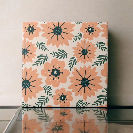 Retro  midden eeuw perzik bloempatroon tegeltje