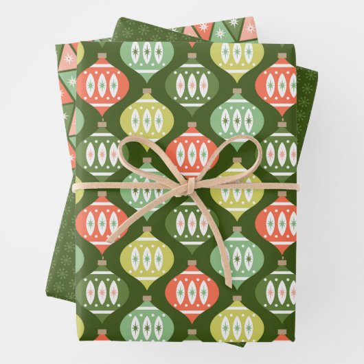 Retro Midden Eeuw Rood & Olijfgroen Kerstmis Inpakpapier Vel (In situ)