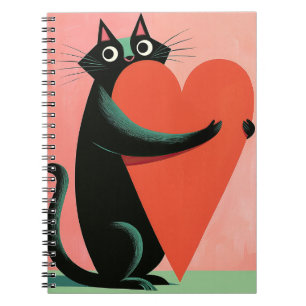 Retro Middeneeuwse Zwarte Kat Hart Schattig Notitieboek