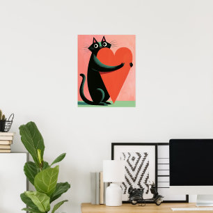 Retro Middeneeuwse Zwarte Kat Knuffelt Hart Poster