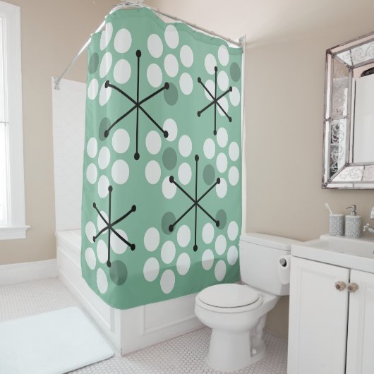 Retro Mideeuw MCM Stippen Sage Groen Douchegordijn (In situ)