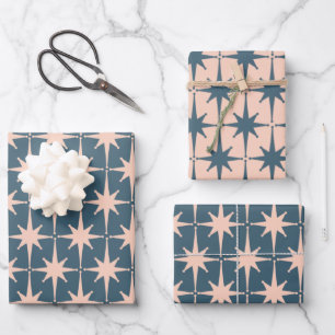 Retro Mideeuw Modern 50s Starbursts Blauwgroen Inpakpapier Vel