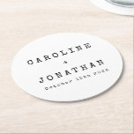 Rétro minimaliste épiteuse blanche Mariage personn<br><div class="desc">Police minimaliste rétro Police Dessous de verre de papier rond de mariage personnalisé en blanc</div>