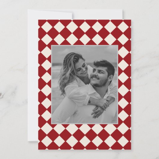Retro minimalistische geruit patroon rode bruiloft kaart (Achterkant)