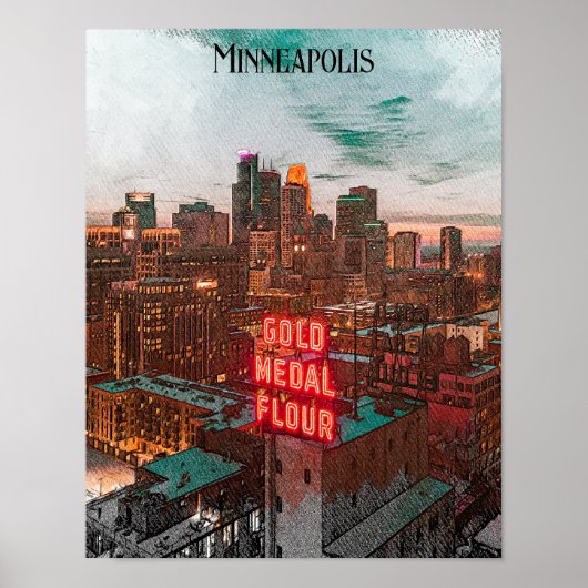  Retro Minneapolis Minnesota Travel Skyline Poster (Voorkant)
