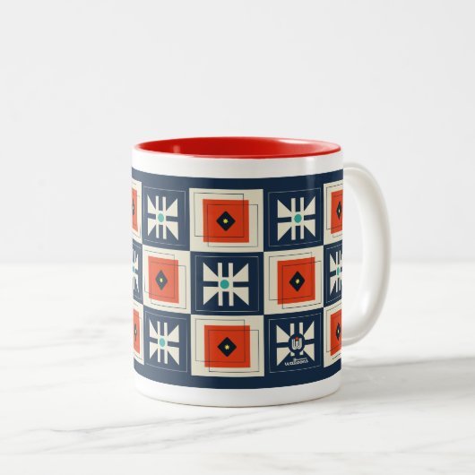 Retro Mod Abstract geometrisch vlinderpatroon Tweekleurige Koffiemok (Voorkant rechts)