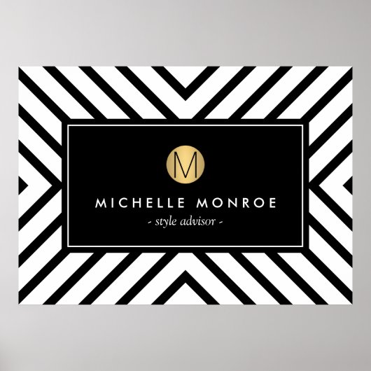 Retro Mod Black en White Pattern Gold Monogram Poster (Voorkant)