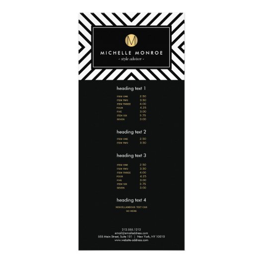 Retro Mod Black en White Pattern Gold Monogram Reclamekaart (Voorkant)